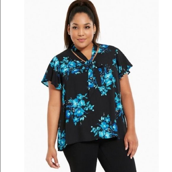 torrid Tops - Torrid Black and Blue Sheer Floral Tie Neck Georgette Top